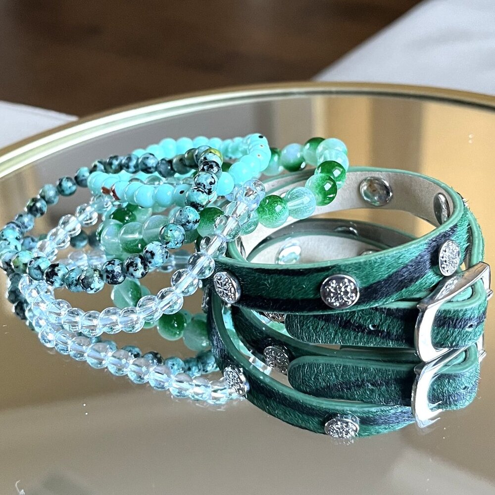 Rustic Cuff Set of Five Bracelets Animal Print Leather Wrap and Stretch Beads